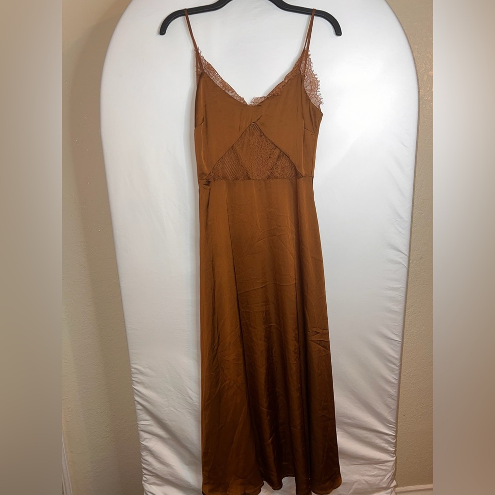 Petal & Pup Elegant Brown Satin Midi Dress - Picture 2 of 5